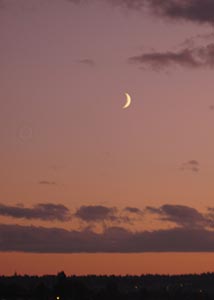 A crescent moon against a sunset sky, with shades of lilac and pale vermilion, and grey-violet clouds.