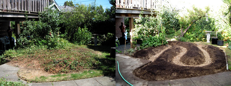 (main garden, facing northeast - before and after comparison photos)